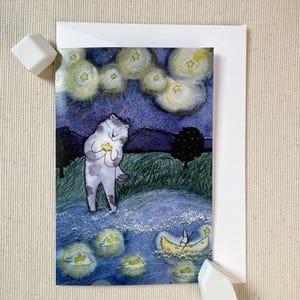 Carte de voeux Romance chat au clair de lune 4 x 6 - Carte fantaisiste et purement douce pour l'amour, l'amitié et les amoureux des chats