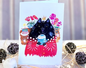 Vertical birthday card cat with cake, cappuccino drink/ greeting card/ blank card/ folding card/ card 4x6"/ anniversary cards/ cat art