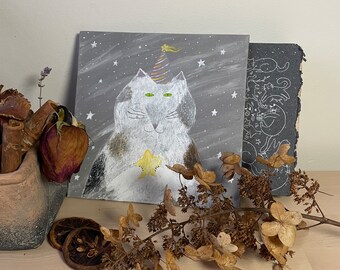 Acrylic cat painting/ Birthday cat wearing hat and holding star/ Cat lover gift/ Original cat artwork/ Happy cat art/ Birthday gift