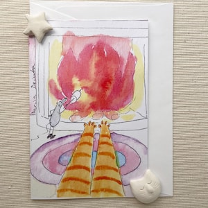 Carte de voeux chat au coin du feu (4 x 6 po.) avec enveloppe - Confort hivernal au chaud, intérieur vierge pour des messages personnalisés