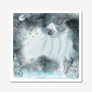 Cat art print: Winter cat in the mountains illustration artwork