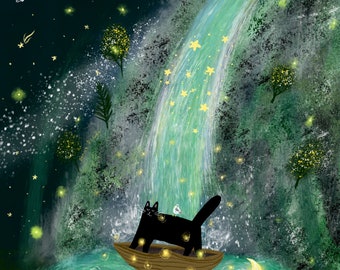Cat art print: Cat on boat in front of starry waterfall