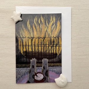 Carte de voeux confortable pour le soir au coin du feu avec chat (4 x 6 po.) avec enveloppe - Confort chaud en hiver, intérieur vierge pour des messages personnalisés