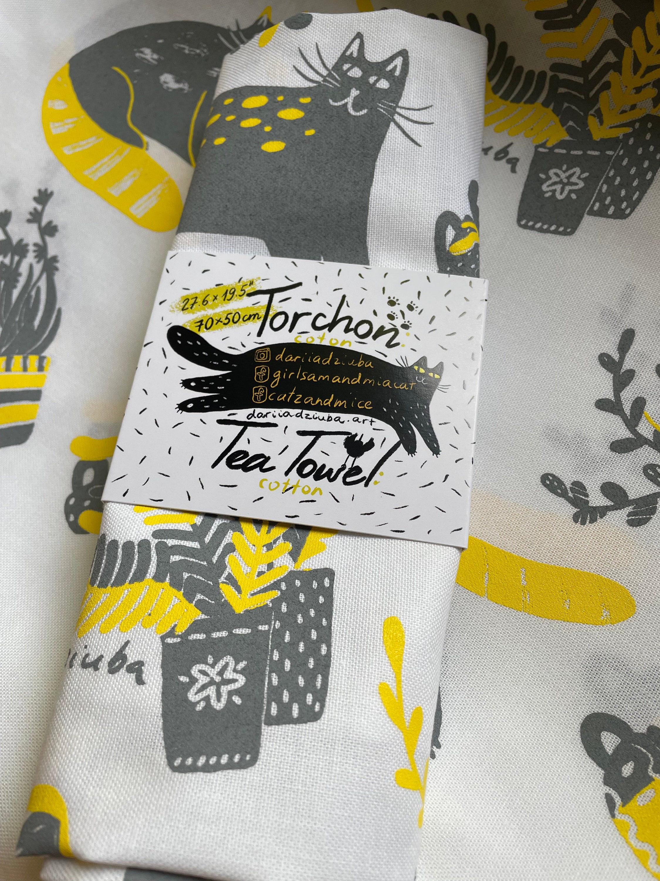 Tea towel: Cats and plants / Screen printed handmade/ Kitchen towel gift