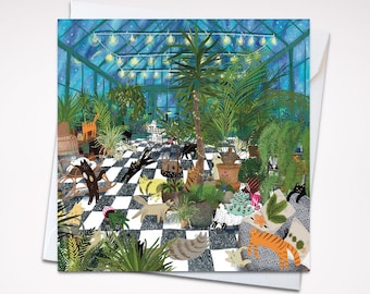 Greenhouse Party Cats 5 x 5 wenskaart – speelse blanco kaart met kattenthema en envelop, perfect voor planten- en kattenliefhebbers
