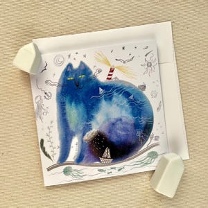 Ocean Cat - Biglietto d'auguri artistico da sogno 5"x5" (12,7x12,7 cm)