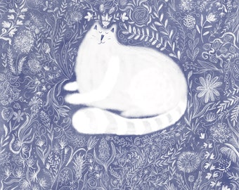 Cat art print: Cat in doodled flowers