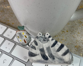 Handmade ceramic cat figurine/ Ceramic cat sculpture/ Desk companions/ Fun trinket/ Cat collectible figurine/ Cat miniature