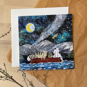 Carte carrée chats partant pour un voyage magique/ carte de voeux/ carte vierge/ carte pliante/ carte carrée 5 x 5 po./ cartes pour toutes les occasions/ carte sur le thème du chat