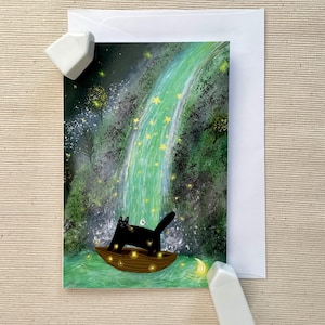 Carte de voeux lunatique Black Cat Waterfall Adventure 4 x 6 - Carte vierge magique avec enveloppe pour les amoureux des chats