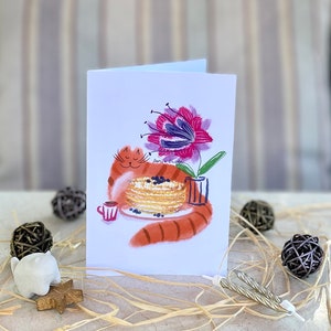 chat lunatique avec des crêpes | 4 x 6 vierge à l'intérieur | Illustration mignonne dessinée à la main | Parfait pour les anniversaires, merci, juste parce que