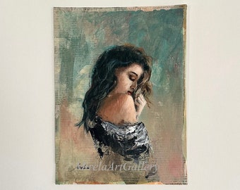 Original Abstract Woman Painting, Acrylic Fine Art on Paper (H11.5"xW8.5")