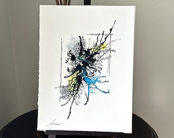 Original Abstract Ink Painting on Acid Free Durable Canson Paper, Caran D'Ache Permanent Wax Pastels, Modern Office Wall Decor, H12"xW9"