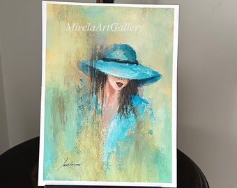 Original Abstract Painting, Acrylic Woman Figure With Blue Hat Fine Art, White Acid Free Durable Canson Paper, Home Office Decor, H12"xW9"