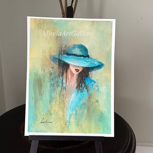 Original Abstract Painting, Acrylic Woman Figure With Blue Hat Fine Art, White Acid Free Durable Canson Paper, Home Office Decor, H12"xW9"
