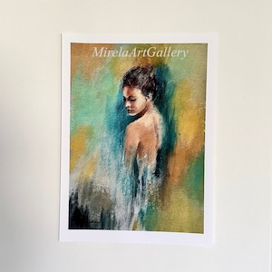 May include: A painting of a woman with brown hair and a bare back, standing in front of a colorful abstract background. The painting is titled "MirelaArtGallery".