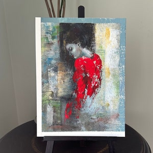 Woman in Red, Original Abstract Painting, Figure Fine Art, White Acid Free Canson Paper, Home Office Decor, Housewarming Gift, H12"xW9"