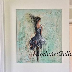 May include: Abstract painting of a woman in a blue dress with her back to the viewer. The background is a mix of green, blue, and white.
