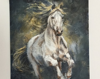 Origineel acrylschilderij wit paard, abstracte dierenkunst (8 x 10)