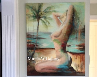 May include: A painting of a woman with long hair, sitting on a beach with a palm tree in the background. The painting is in a muted color palette with shades of blue, green, and brown. The woman's body is partially obscured by the water and sand. The painting is signed "MirelaArtGallery" in the bottom left corner.