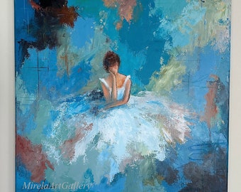 May include: Square canvas painting of a ballerina in a white dress, set against a backdrop of blue and teal brushstrokes. The artwork features a textured, abstract style with visible paint strokes and the text "MirelaArtGallery".