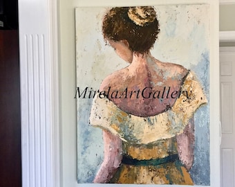 May include: A painting of a woman in a yellow dress with a green sash. The woman is facing away from the viewer and has her hair pulled back in a bun. The painting is done in a loose, impressionistic style.