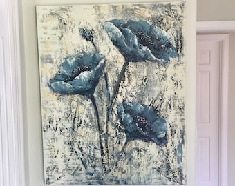 Blue Flowers Painting, Abstract Palette Knife Art, Textured Canvas