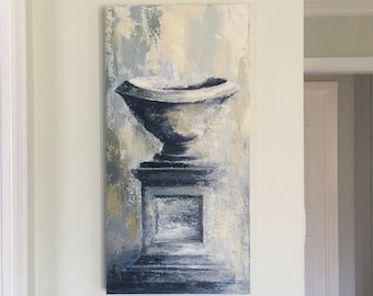 May include: A painting of a white urn on a pedestal, with a blue and gray background.