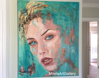 May include: Abstract painting of a woman's face with blue eyes and red lips. The background is a mix of turquoise, green, and brown colors. The painting is signed "MirelaArtGallery".