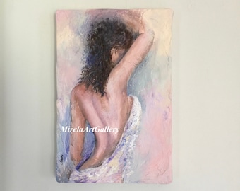 May include: A painting of a woman with long, dark hair, wearing a white dress. The painting is done in a soft, pastel color palette and has a dreamy, ethereal feel. The woman's back is turned to the viewer, and she is looking off into the distance. The painting is signed "MirelaArtGallery" in the lower left corner.