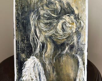 Woman With Messy Hair Abstract Painting, Figure Fine Art, Recycled Acid Free Canson Paper, Home Office Decor, Housewarming Gift, H12"xW9"