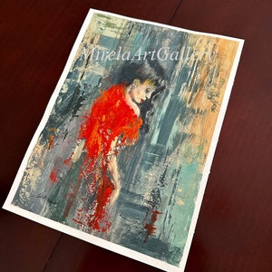 May include: A painting of a woman in a red dress with a blue and gray background. The woman is looking down and her hair is dark. The painting is done in a loose, expressive style.