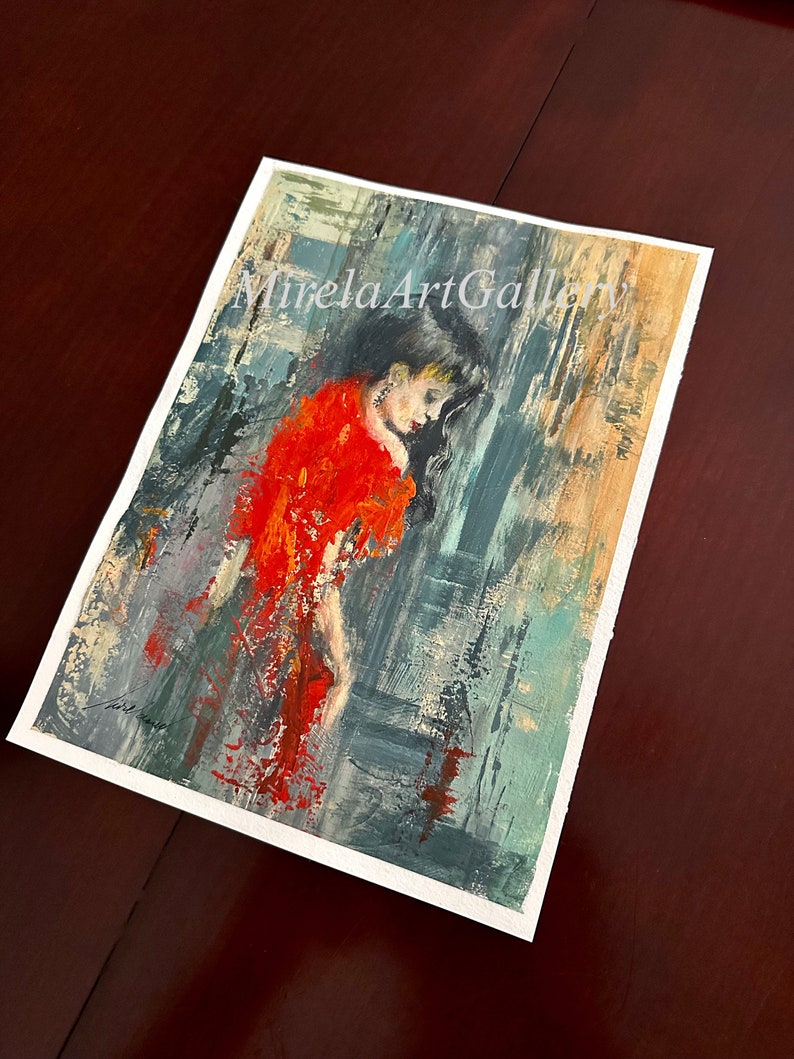 May include: A painting of a woman in a red dress with a blue and gray background. The woman is looking down and her hair is dark. The painting is done in a loose, expressive style.