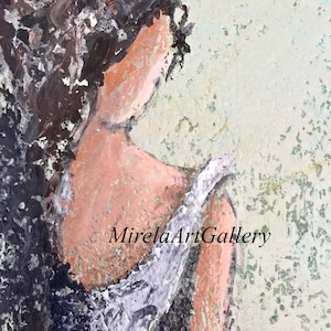 May include: Abstract painting of a woman with brown hair, wearing a white and black dress. The background is a light green and white textured surface. The text "MirelaArtGallery" is visible in the lower right corner of the painting.