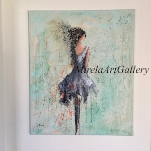 May include: Abstract painting of a woman in a blue dress with a textured background. The painting is on a canvas and has a light blue, green, and brown color scheme. The artist's signature is visible in the bottom left corner.