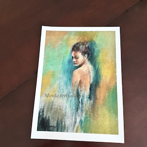 May include: A painting of a woman with her back to the viewer, her head turned to the side. The woman is painted in a soft, muted palette of blues, greens, and yellows. The painting has a dreamy, ethereal quality.