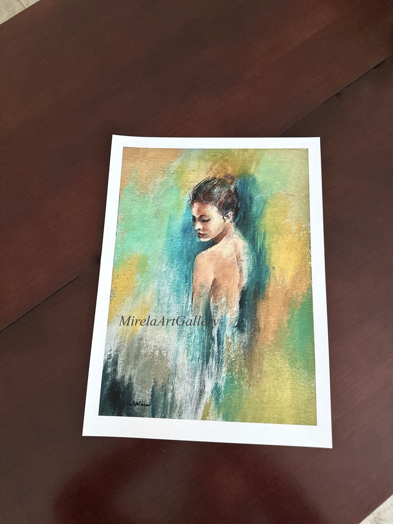 May include: A painting of a woman with her back to the viewer, her head turned to the side. The woman is painted in a soft, muted palette of blues, greens, and yellows. The painting has a dreamy, ethereal quality.