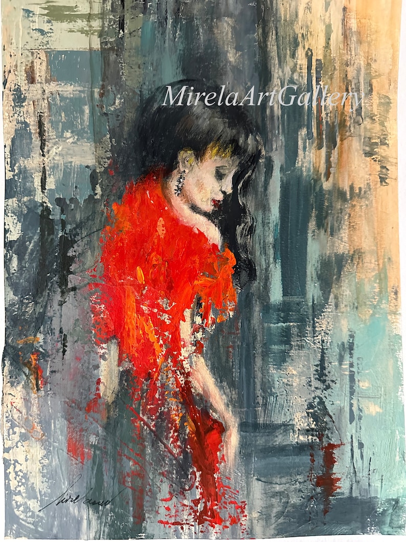 May include: Abstract painting of a woman in a red dress, with a textured background of blue, gray, and white. The woman's face is partially obscured by her long black hair. The painting is signed "Mirela Art Gallery" in the upper right corner.