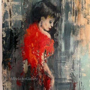 May include: A painting of a woman in a red dress, with a textured background. The woman is looking down and her hair is dark. The painting is signed "MirelaArtGallery".