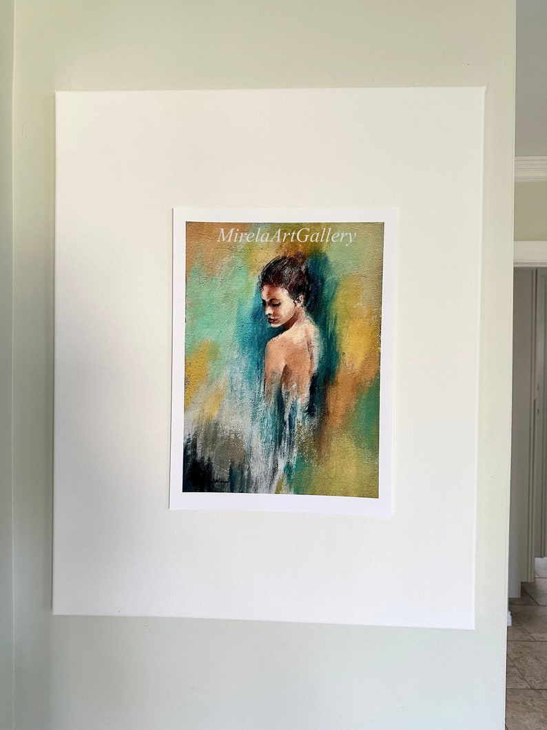 May include: A painting of a woman with brown hair and a bare back, standing in front of a colorful abstract background. The painting is titled "MirelaArtGallery".