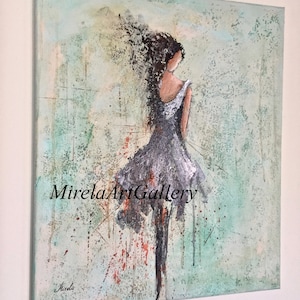 May include: Abstract painting of a woman in a gray dress with her back to the viewer. The background is a textured teal and white with splashes of red and orange paint.
