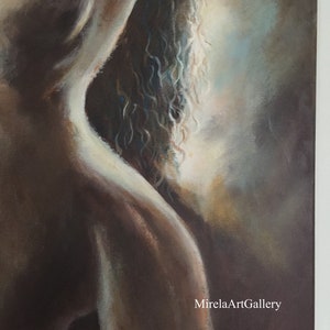 May include: A painting of a nude figure with long, flowing hair. The figure is painted in shades of brown and beige, with highlights of blue and white. The painting is signed "MirelaArtGallery" in the lower right corner.