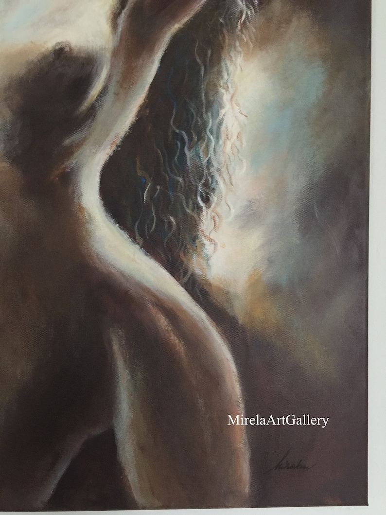 May include: A painting of a nude figure with long, flowing hair. The figure is painted in shades of brown and beige, with highlights of blue and white. The painting is signed "MirelaArtGallery" in the lower right corner.
