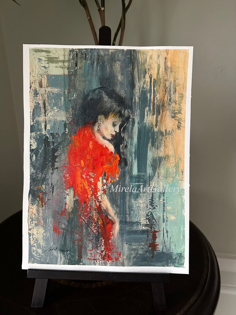 May include: A painting of a woman in a red dress with a textured background. The woman is looking down and has dark hair. The painting is signed "Mirela Art Gallery".
