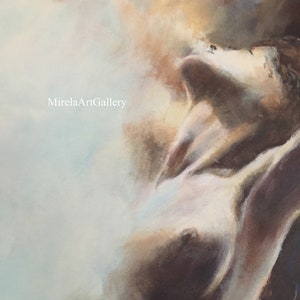 May include: A painting of a person with their head tilted back, looking up at the sky. The person's body is painted in shades of brown and white, and the background is a soft blue and white.