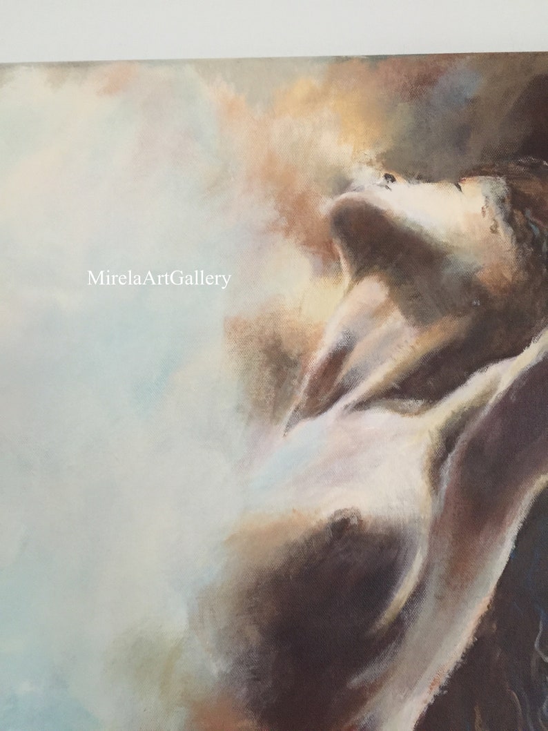 May include: A painting of a person with their head tilted back, looking up at the sky. The person's body is painted in shades of brown and white, and the background is a soft blue and white.