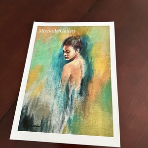 May include: A painting of a woman with brown hair, wearing a white dress, standing in front of a blue and green background. The painting is signed "MirelaArtGallery".