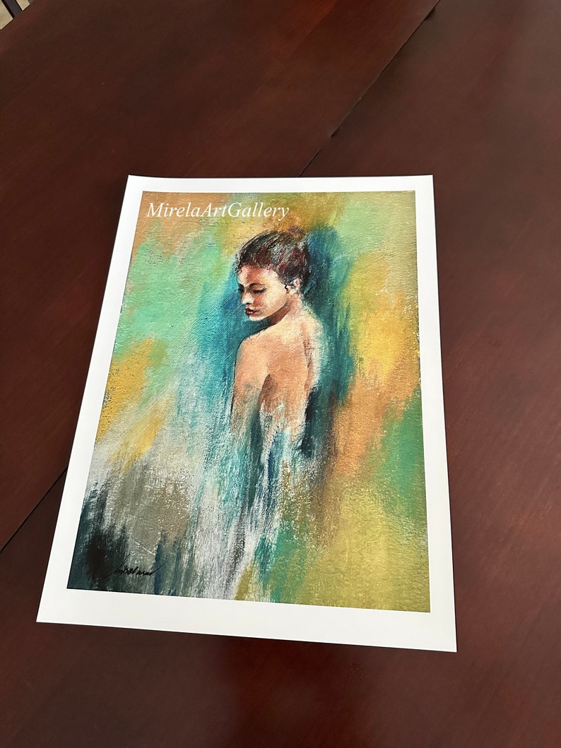 May include: A painting of a woman with brown hair, wearing a white dress, standing in front of a blue and green background. The painting is signed "MirelaArtGallery".