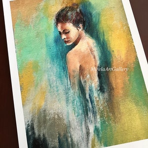May include: A painting of a woman with brown hair, wearing a white dress, against a background of green, blue, and yellow abstract brushstrokes. The painting is signed "Mirela" in the bottom right corner and "MirelaArtGallery" in the bottom right corner.