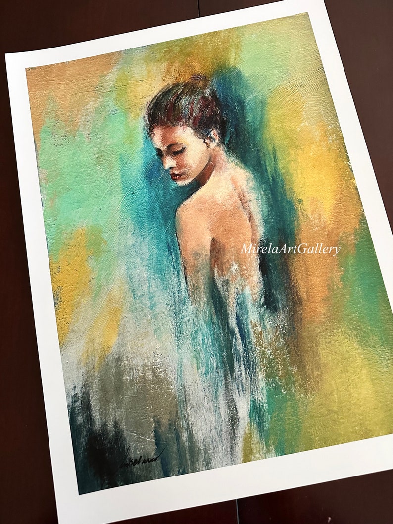 May include: A painting of a woman with brown hair, wearing a white dress, against a background of green, blue, and yellow abstract brushstrokes. The painting is signed "Mirela" in the bottom right corner and "MirelaArtGallery" in the bottom right corner.